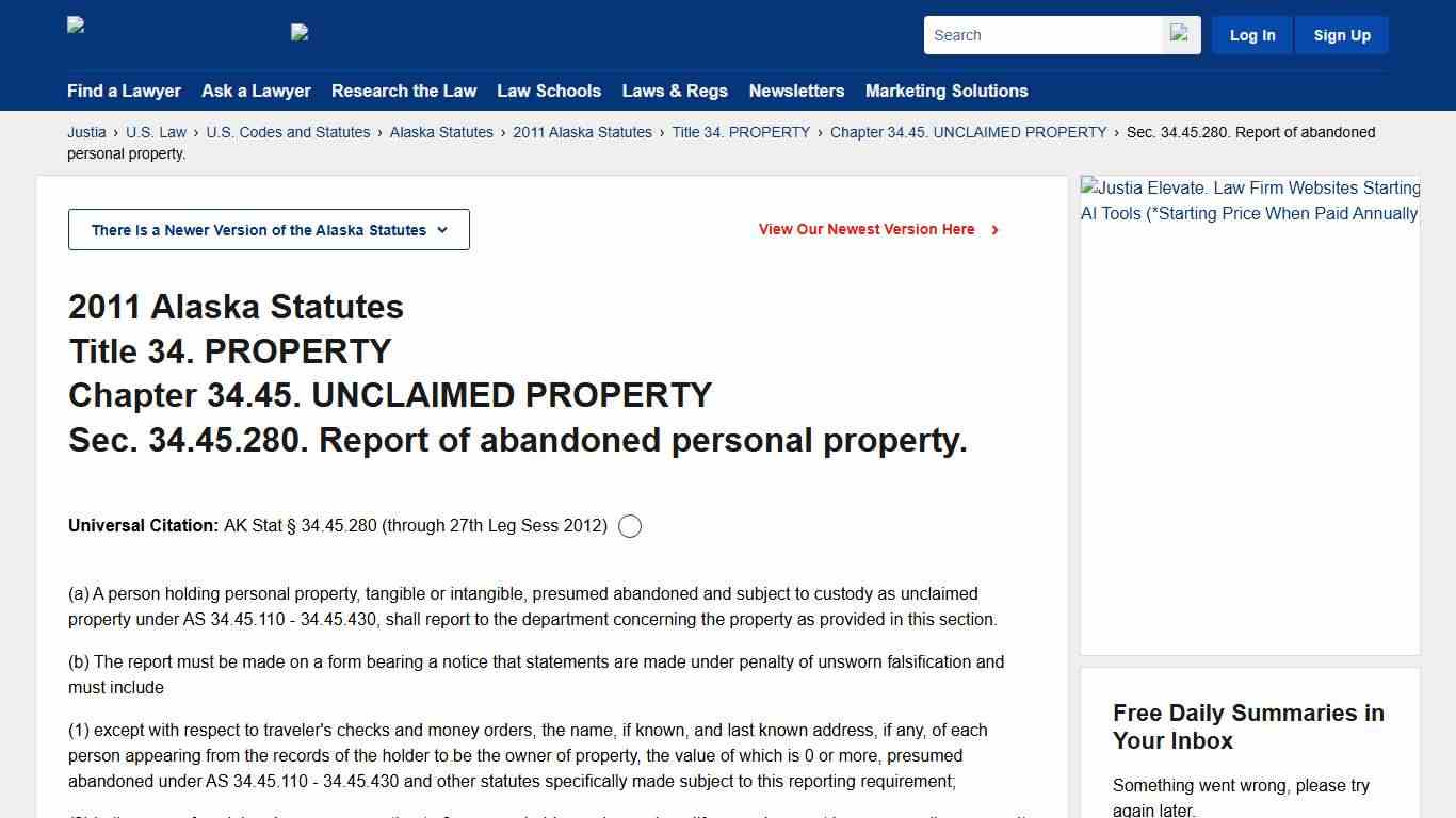 AK Stat § 34.45.280 :: Sec. 34.45.280. Report of abandoned personal property. :: 2011 Alaska Statutes :: US Codes and Statutes :: US Law :: Justia