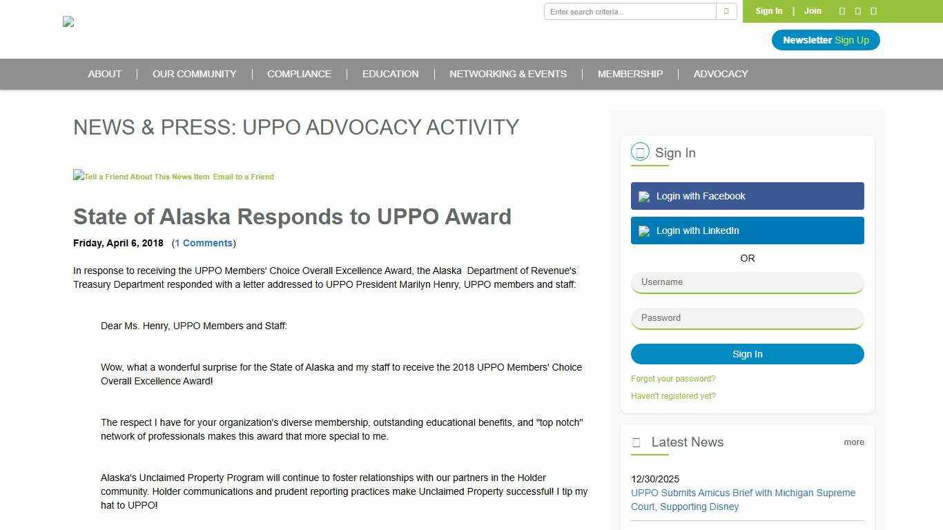 State of Alaska Responds to UPPO Award - Unclaimed Property Professionals Organization